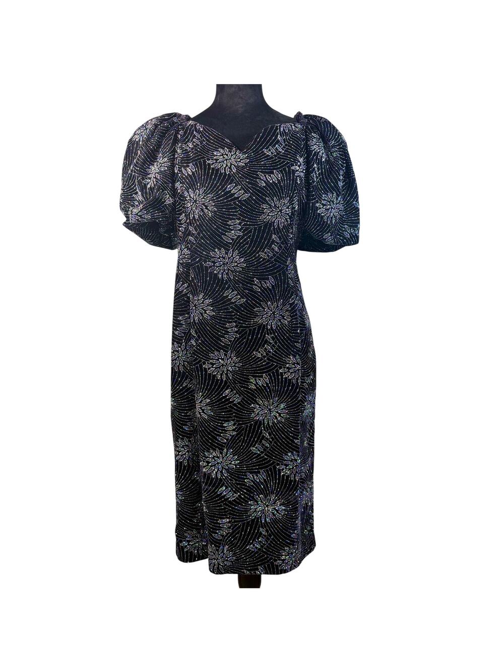 Vintage 90s Black Velvet Dress Puff Sleeve Glitter Fireworks Women's Medium Glam